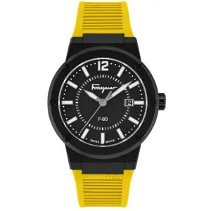 Ferragamo Men’s Swiss Made Quartz Yellow Silicone Strap Black Dial 44mm Watch SFHY01522
