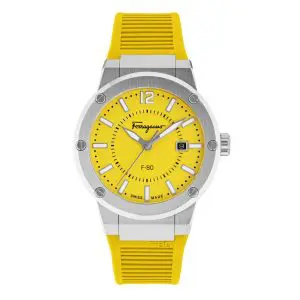 Ferragamo Men’s Swiss Made Quartz Yellow Silicone Strap Yellow Dial 44mm Watch SFHY01222