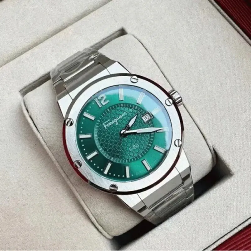 Ferragamo Men’s Swiss Made Quartz Silver Stainless Steel Green Dial 44mm Watch SFHY02924