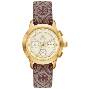 Tory Burch Women’s Quartz Jacquard Leather Strap Beige Dial 37mm Watch TBW1051
