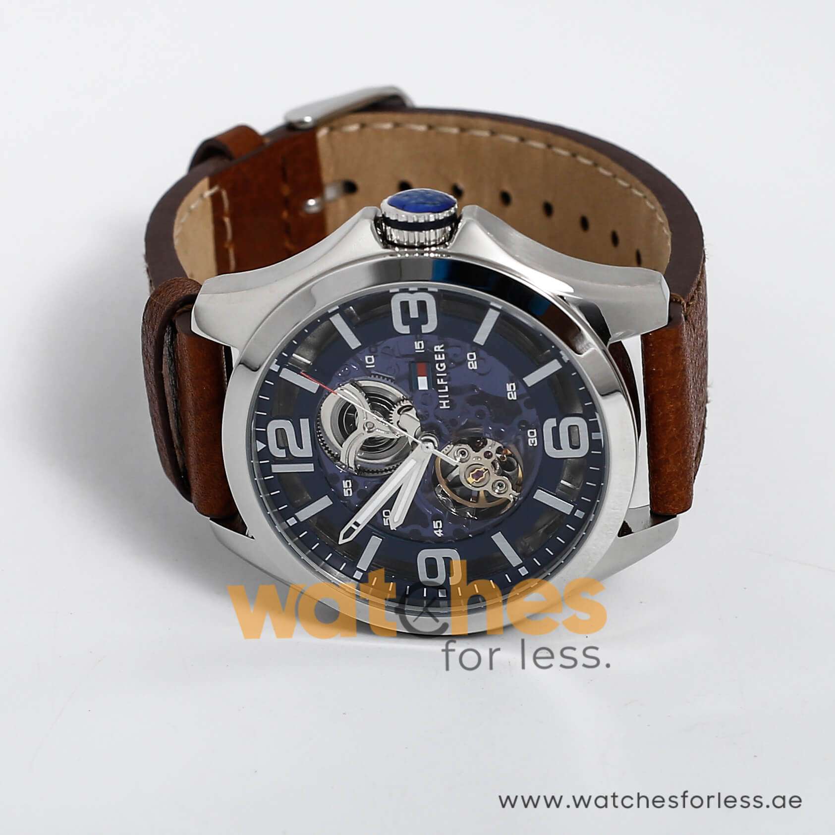 Tommy Hilfiger Men's Automatic Brown Leather Strap Blue Dial 46mm Watch 1791278 - Watches For