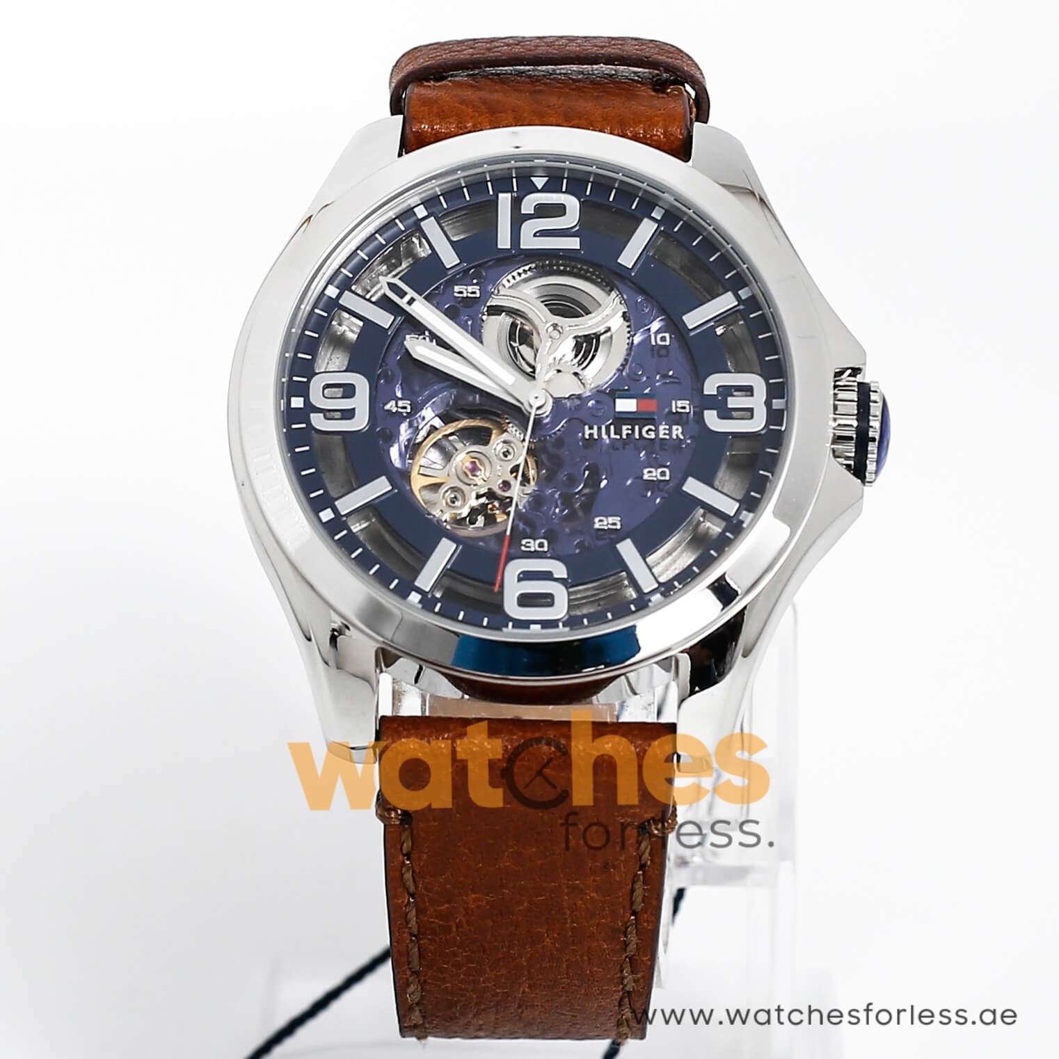Tommy Hilfiger Men's Automatic Brown Leather Strap Blue Dial 46mm Watch 1791278 - Watches For