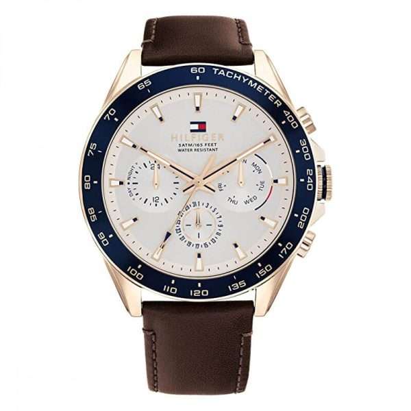 Tommy Hilfiger Men’s Quartz Brown Leather Strap White Dial 46mm Watch 1791966