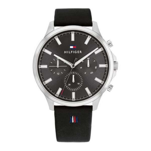 Tommy Hilfiger Men’s Quartz Black Leather Strap Grey Dial 44mm Watch 1710495