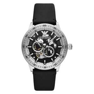 Emporio Armani Men’s Automatic Black Leather Strap Black Dial 43mm Watch AR60051