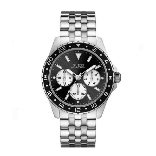 Guess Men’s Quartz Silver Stainless Steel Black Dial 44mm Watch W1107G1 UAE DUBAI AJMAN SHARJAH ABU DHABI RAS AL KHAIMA UMM UL QUWAIN ALAIN FUJAIRAH