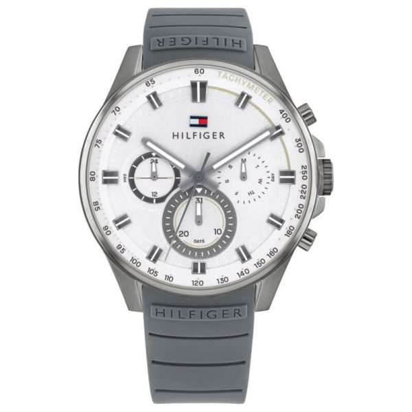 Tommy Hilfiger Men’s Quartz Grey Silicone Strap White Dial 45mm Watch 1791972 UAE DUBAI AJMAN SHARJAH ABU DHABI RAS AL KHAIMA UMM UL QUWAIN ALAIN FUJAIRAH