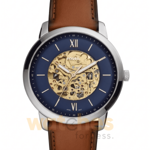 Fossil Men’s Automatic Brown Leather Strap Blue Skeleton Dial 44mm Watch ME3160