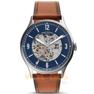 Fossil Men’s Automatic Brown Leather Strap Blue Skeleton Dial 42mm Watch ME3179