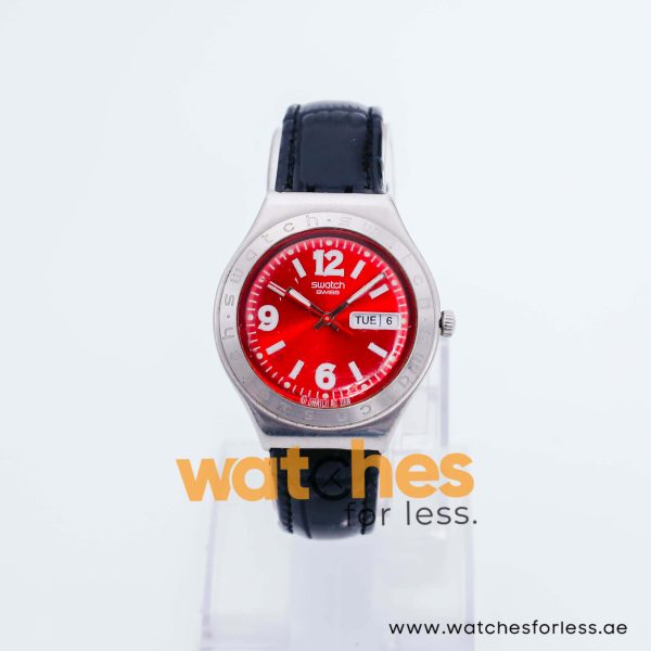 Swatch Men’s Swiss Made Quartz Black Leather Strap Red Dial 38mm Watch YGS731G UAE DUBAI AJMAN SHARJAH ABU DHABI RAS AL KHAIMA UMM UL QUWAIN ALAIN FUJAIRAH