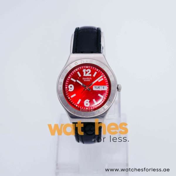 Swatch Men’s Swiss Made Quartz Black Leather Strap Red Dial 38mm Watch YGS731G UAE DUBAI AJMAN SHARJAH ABU DHABI RAS AL KHAIMA UMM UL QUWAIN ALAIN FUJAIRAH