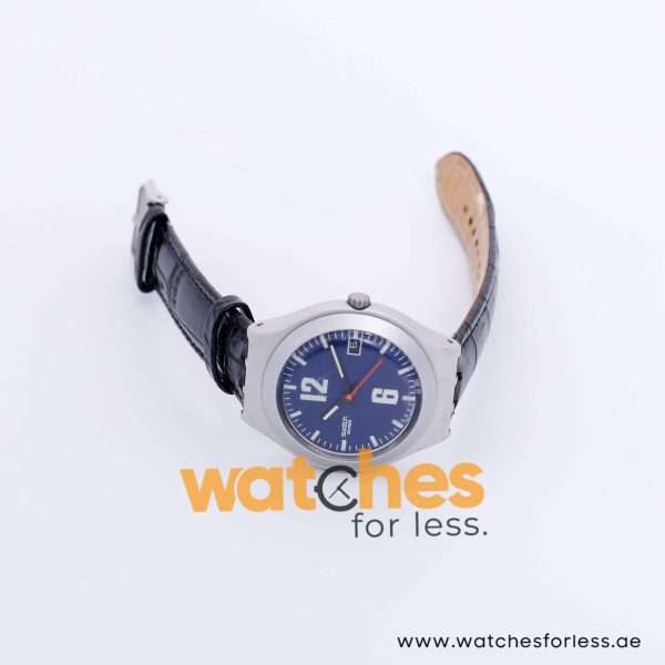 Swatch Unisex Swiss Made Quartz Black Leather Strap Blue Dial 37mm Watch YGS12689 UAE DUBAI AJMAN SHARJAH ABU DHABI RAS AL KHAIMA UMM UL QUWAIN ALAIN FUJAIRAH