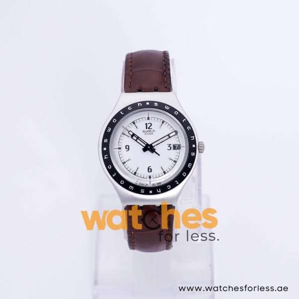 Swatch Men’s Swiss Made Quartz Brown Leather Strap White Dial 37mm Watch YGS713G UAE DUBAI AJMAN SHARJAH ABU DHABI RAS AL KHAIMA UMM UL QUWAIN ALAIN FUJAIRAH