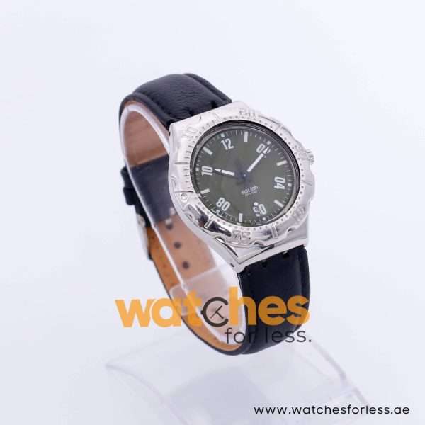 Swatch Unisex Swiss Made Quartz Black Leather Strap Green Dial 38mm Watch YDS107 UAE DUBAI AJMAN SHARJAH ABU DHABI RAS AL KHAIMA UMM UL QUWAIN ALAIN FUJAIRAH