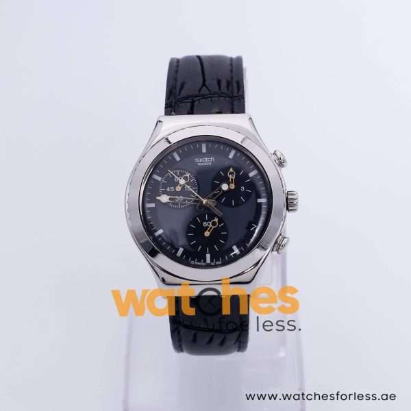 Swatch Men’s Swiss Made Quartz Black Leather Strap Grey & Black Dial 40mm Watch YCS410GX