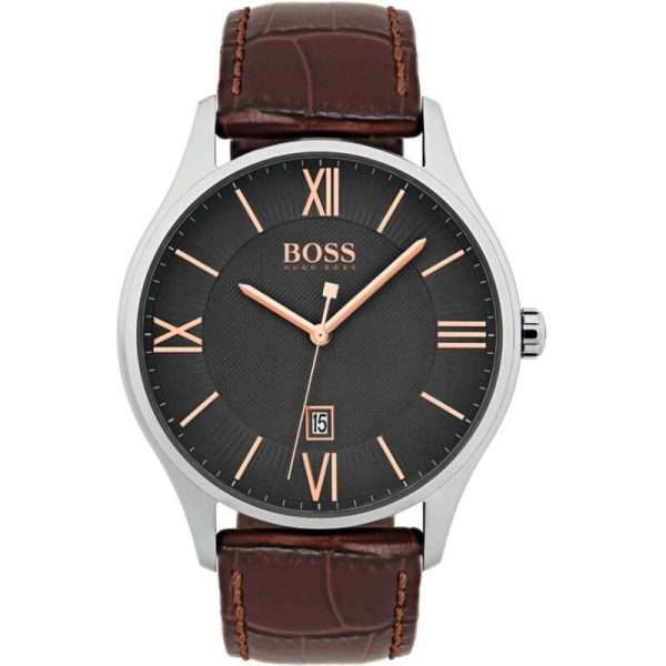 Hugo Boss Men’s Quartz Brown Leather Strap Grey Dial 43mm Watch 1513484