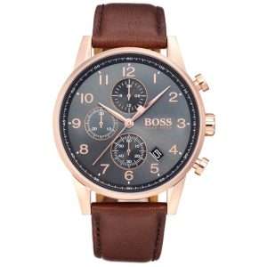 Hugo Boss Men’s Quartz Brown Leather Strap Grey Dial 44mm Watch 1513496