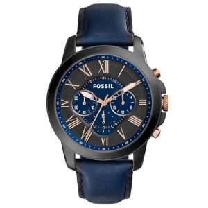 Fossil Men’s Quartz Blue Leather Strap Black & Blue Dial 44mm Watch FS5061