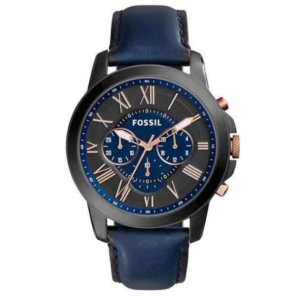 Fossil Men’s Quartz Blue Leather Strap Black & Blue Dial 44mm Watch FS5061