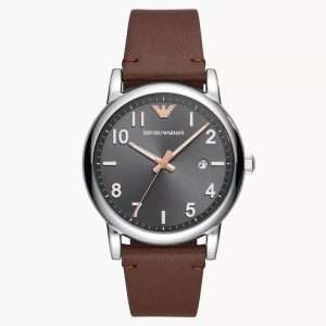 Emporio Armani Men’s Quartz Brown Leather Strap Grey Dial 43mm Watch AR11175