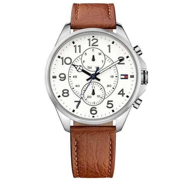 Tommy Hilfiger Men’s Quartz Brown Leather Strap White Dial 46mm Watch 1791274