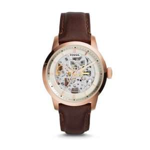 Fossil Men’s Automatic Brown Leather Strap Beige Skeleton Dial 40mm Watch ME3078