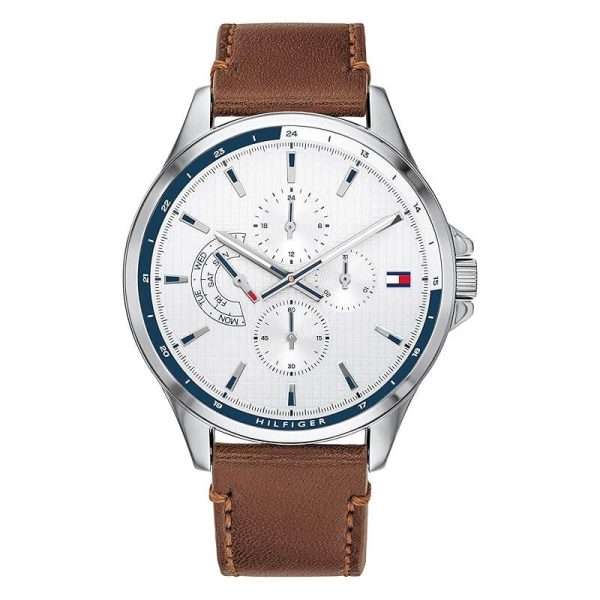 Tommy Hilfiger Men’s Quartz Brown Leather Strap White Dial 44mm Watch 1791614