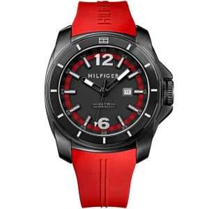 Tommy Hilfiger Men’s Quartz Red Silicone Strap Black Dial 45mm Watch 1791112
