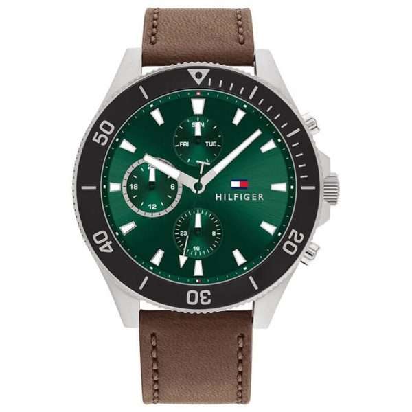 Tommy Hilfiger Men’s Quartz Brown Leather Strap Green Dial 46mm Watch 1791983 UAE DUBAI AJMAN SHARJAH ABU DHABI RAS AL KHAIMA UMM UL QUWAIN ALAIN FUJAIRAH