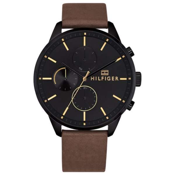 Tommy Hilfiger Men’s Quartz Brown Leather Strap Black Dial 44mm Watch 1791977