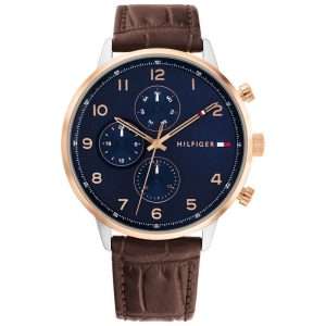 Tommy Hilfiger Men’s Quartz Brown Leather Strap Blue Dial 44mm Watch 1791987