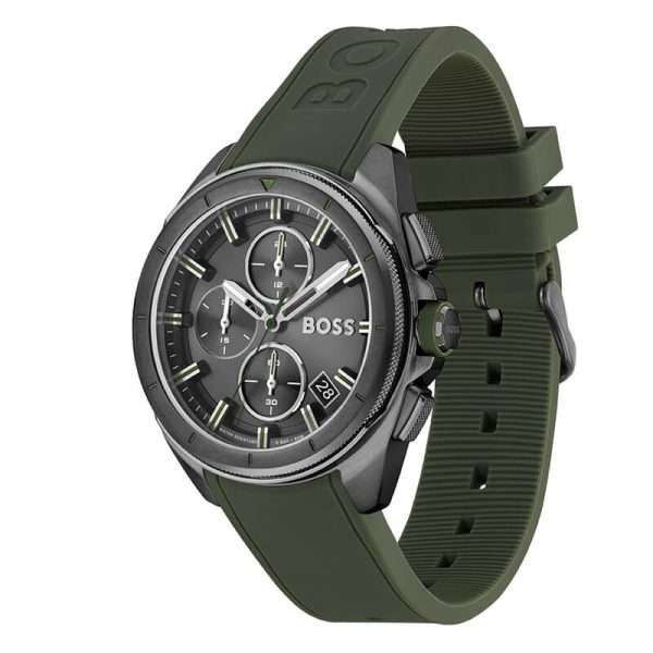 Hugo Boss Men’s Quartz Green Silicone Strap Grey Dial 44mm Watch 1513952