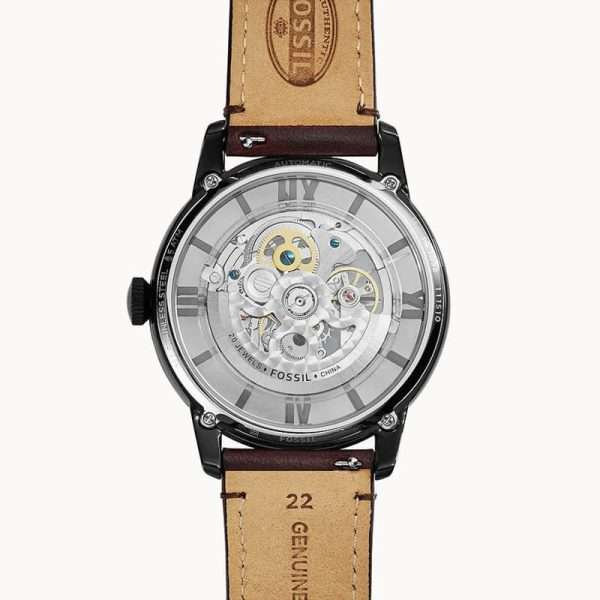 Fossil Men’s Automatic Brown Leather Strap Beige Skeleton Dial 40mm Watch ME3078