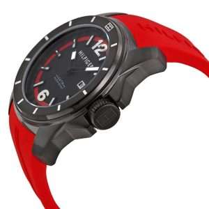 Tommy Hilfiger Men’s Quartz Red Silicone Strap Black Dial 45mm Watch 1791112