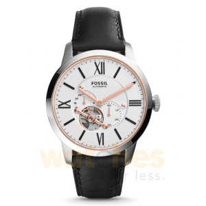 Fossil Men’s Automatic Black Leather Strap White Dial 44mm Watch ME3104