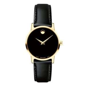Movado Women’s Quartz Swiss Made Black Leather Strap Black Dial 28mm Watch 0607275
