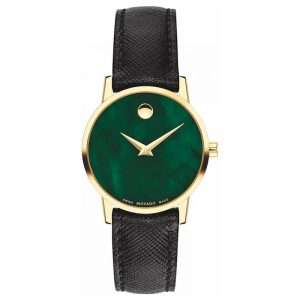 Movado Women’s Quartz Swiss Made Black Leather Strap Green Mother of Pearl Dial 28mm Watch 0607423