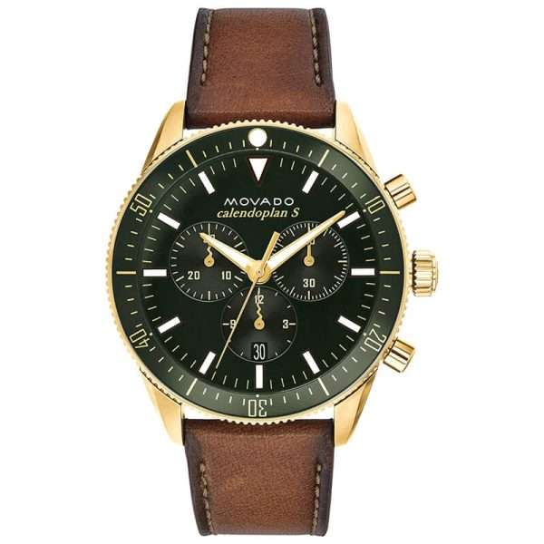 Movado Men’s Quartz Swiss Made Brown Leather Strap Green Dial 42mm Watch 3650062