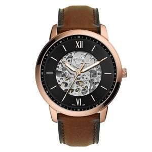 Fossil Men’s Automatic Brown Leather Strap Black Skeleton Dial 44mm Watch ME3195