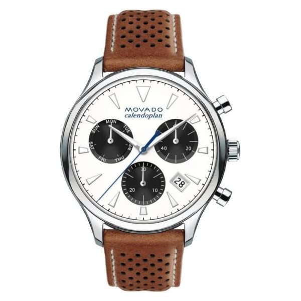 Movado Men’s Swiss Made Quartz Brown Leather Strap White Dial 43mm Watch 3650008