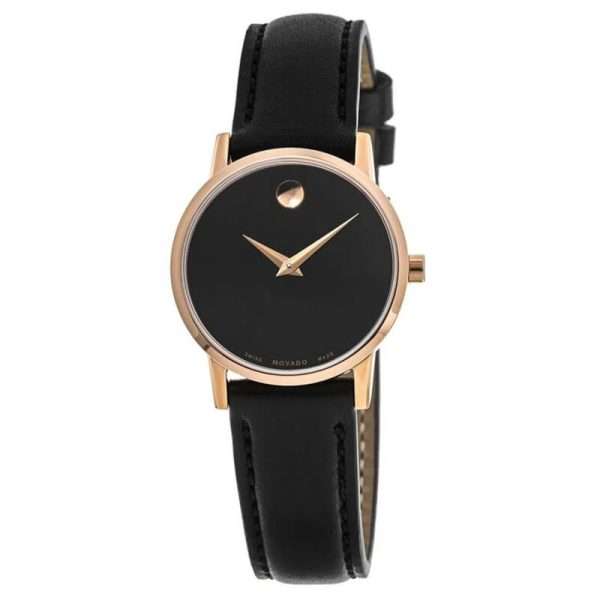 Movado Women’s Quartz Swiss Made Black Leather Strap Black Dial 28mm Watch 607276