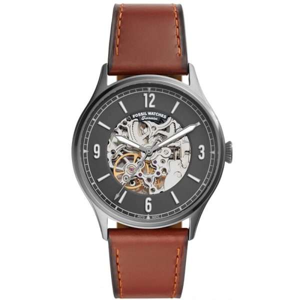Fossil Men’s Automatic Brown Leather Strap Grey Skeleton Dial 42mm Watch ME3178