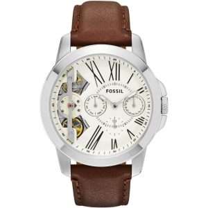 Fossil Men’s Mechanical Brown Leather Strap OffWhite Dial 44mm Watch ME1144
