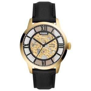 Fossil Men’s Automatic Black Leather Strap Black Skeleton Dial 44mm Watch ME3210