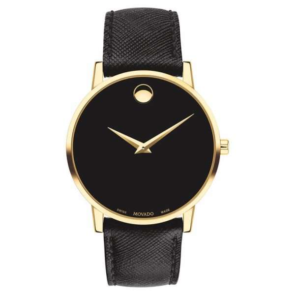 Movado Men’s Quartz Swiss Made Black Leather Strap Black Dial 40mm Watch 0607195