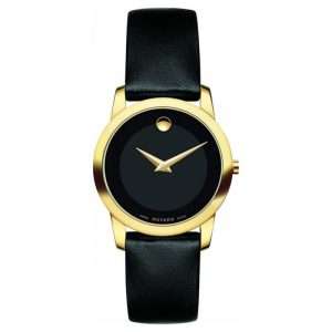 Movado Women’s Quartz Swiss Made Black Leather Strap Black Dial 28mm Watch 0606877