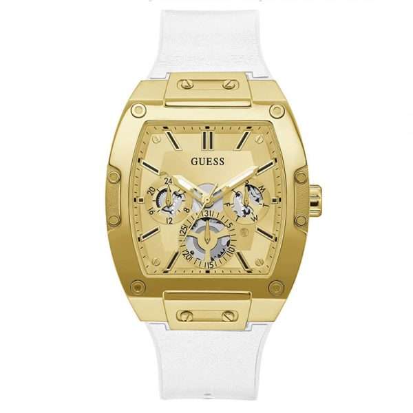 Guess Men’s Quartz White Silicone & Leather Strap Gold Dial 43mm Watch GW0202G6 UAE DUBAI AJMAN SHARJAH ABU DHABI RAS AL KHAIMA UMM UL QUWAIN ALAIN FUJAIRAH