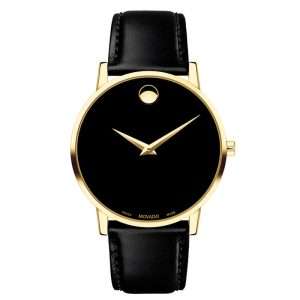 Movado Men’s Quartz Swiss Made Black Leather Strap Black Dial 40mm Watch 0607271
