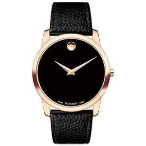 Movado Men’s Quartz Swiss Made Black Leather Strap Black Dial 40mm Watch 0607060