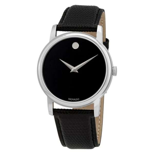 Movado Men’s Quartz Swiss Made Black Leather Strap Black Dial 38mm Watch 2100002